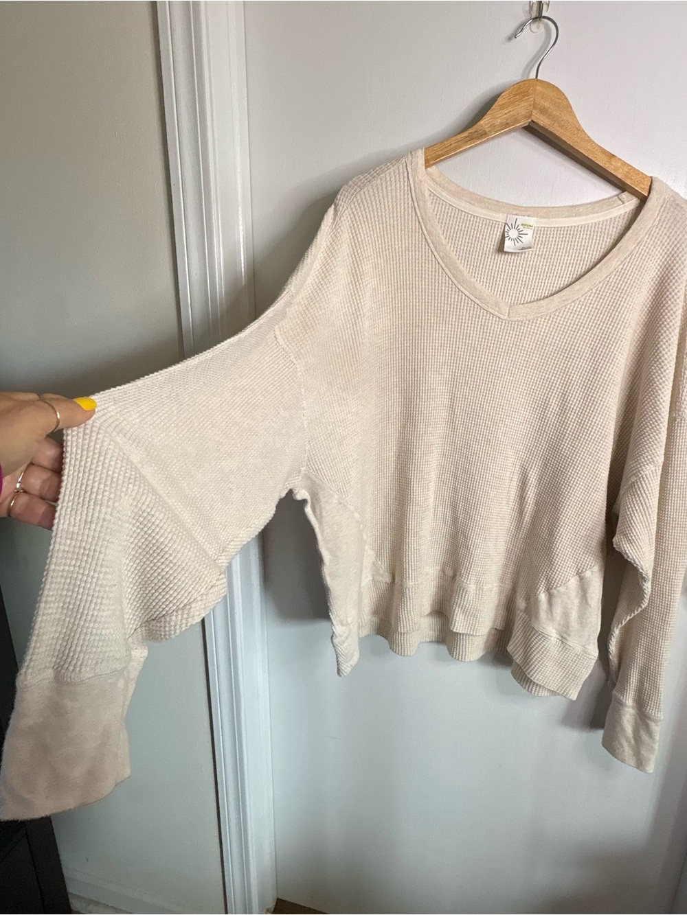 aerie Sz XL Cream Waffle-Knit Sectioned V-Neck Sweater Oversized